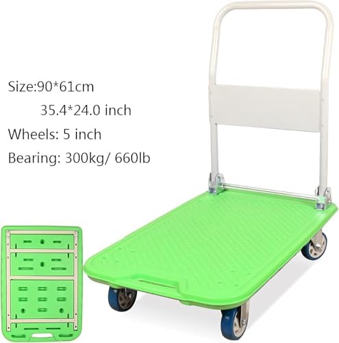 Heavy-Duty 4-Wheel Folding Hand Truck - Metal Handle & Plastic Deck Flatbed Trolley for High Capacity Luggage & Moving - Portable Rolling Cart (Black)