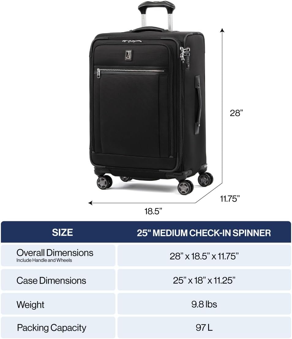 Travelpro Platinum Elite Softside Expandable Checked Luggage, 8 Wheel Spinner Suitcase, TSA Lock, Men and Women, True Navy Blue, Checked Medium 25-Inch