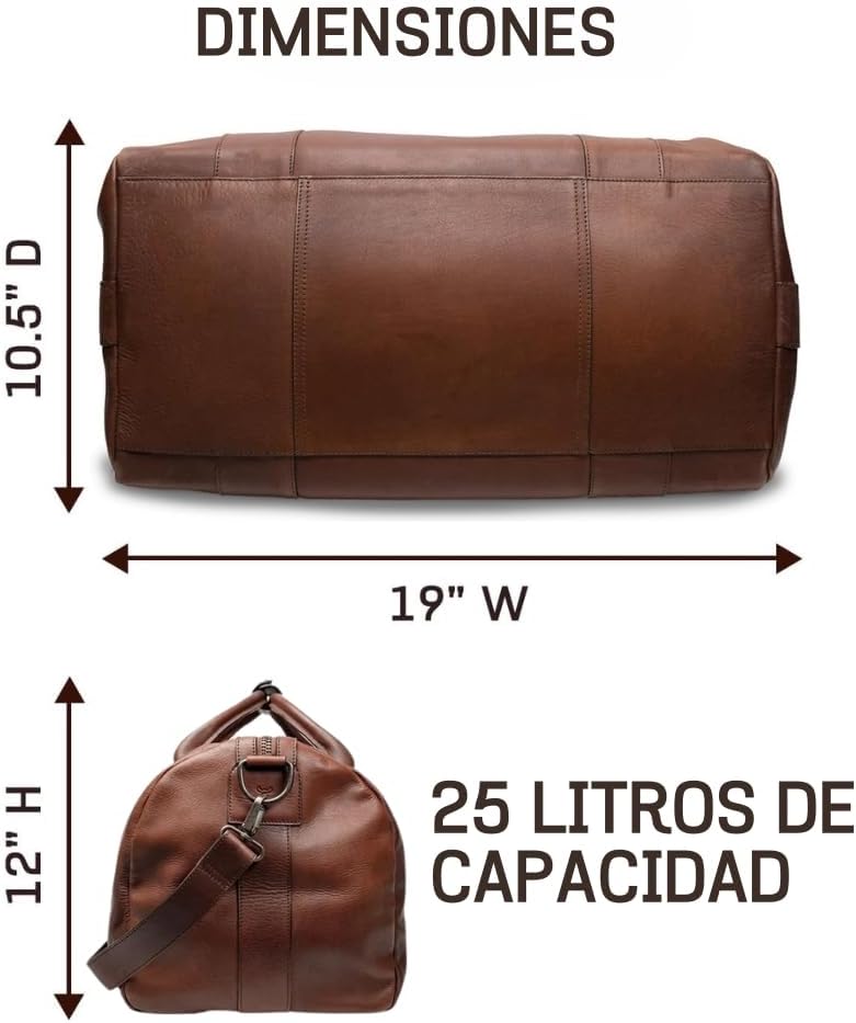 Full Grain Leather Duffle Bag – 25L Travel, Gym & Carry-On Weekender for Men | Handcrafted Overnight Bag with Brass Hardware, Bourbon Style