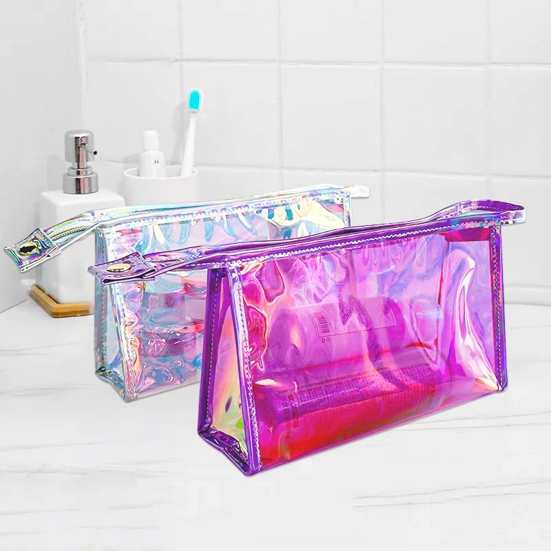 Pink Transparent Laser Cosmetic Bag Iridescent Holographic Waterproof PVC Makeup Organizer Bag for Women (Pink)