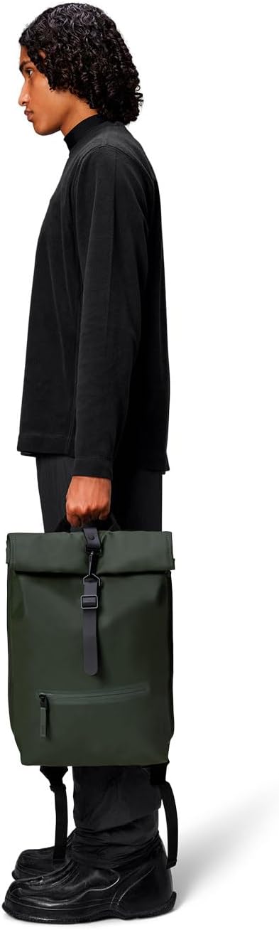 RAINS Rolltop Rucksack Green Waterproof Rolltop Backpack Water Resistant Water Repellent Commuter Travel Pack Urban Minimalist Design 2 Year Warranty