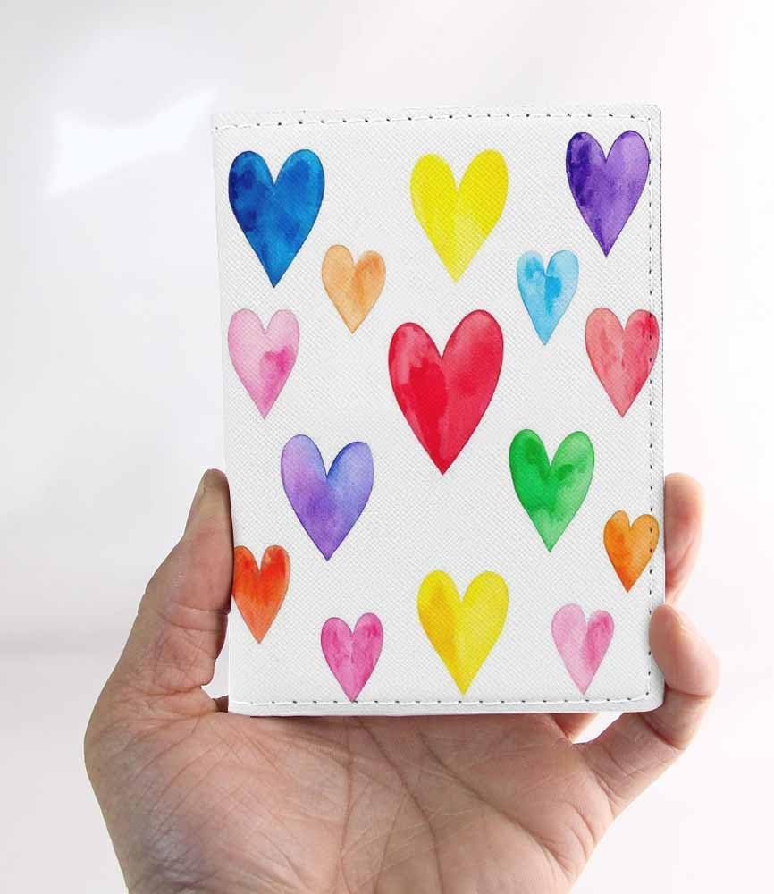 Colorful Hearts Passport Holder for Travel Flying Watercolor Love PU Leather Passport Cover Wallet Cute Passport Card Holder for Women and Men