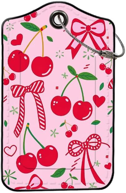2 Pack Cherry Leather Luggage Tags for Suitcases, Travel Bag Tags with Privacy Cover ID Label with Stainless Steel Loop for Women Men Girls Backpack Gift (Pink Red)