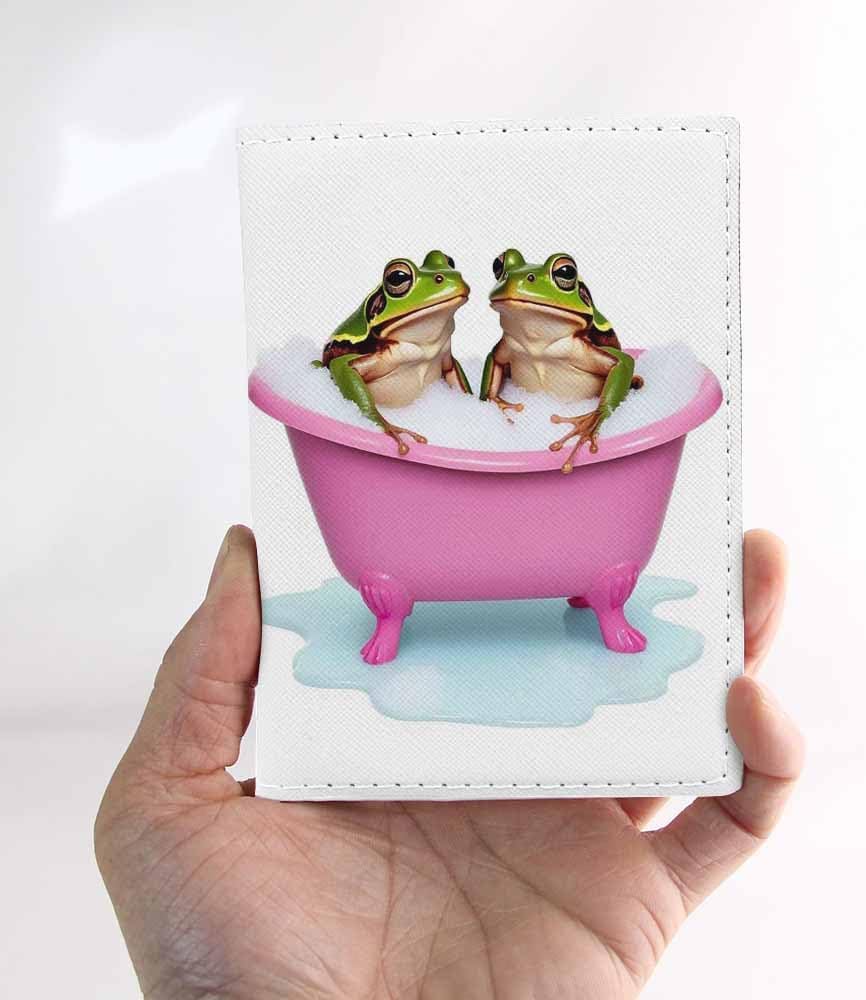 Pet Frogs Passport Holder for Travel Enjoy Soapy Bubblebath Bright Pink Bathtub PU Leather Passport