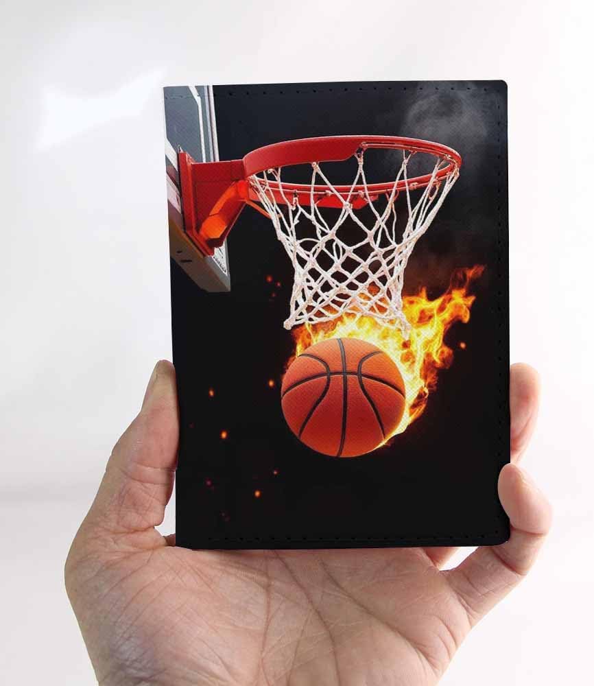 Basketball Sport Passport Holder for Travel Flaming Basketball Basket Frame PU Leather Passport Cover Wallet Cute Passport Card Holder for Women and Men