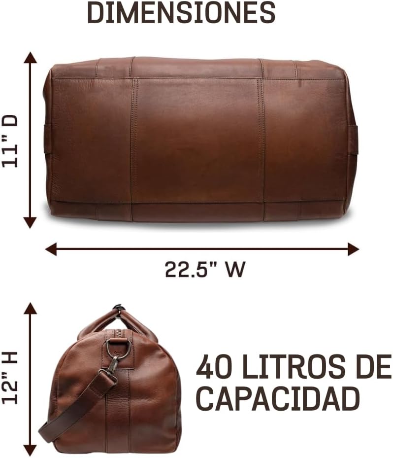 Full Grain Leather Duffle Bag – 40L Travel, Gym & Carry-On Weekender for Men | Handcrafted Overnight Bag with Brass Hardware, Bourbon Style