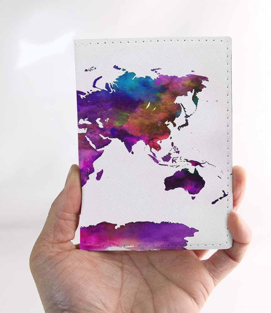 Map Passport Holder for Travel Watercolor World Map PU Leather Passport Cover Wallet Cute Passport Card Holder for Women and Men
