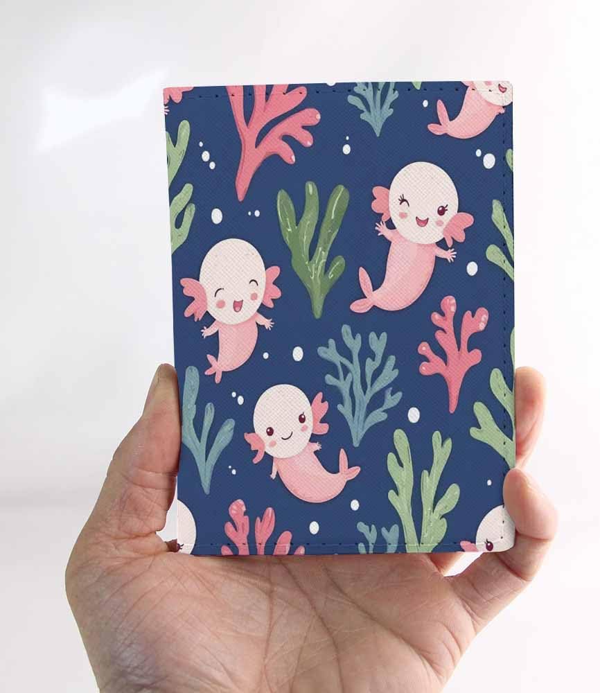Axolotl Passport Holder for Travel Corals and Sea Weed Kawaii PU Leather Passport Cover Wallet Cute Passport Card Holder for Women and Men