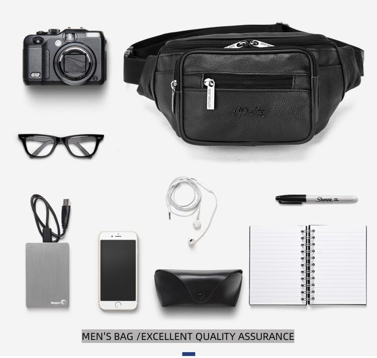 leather Fanny pack, Outdoor travel waist Pack Cowhide Leather Large Size 2 Pockets waist bag.Suitable for outdoor mountaineering, travel, camping, cycling, running, etc.(black-E)