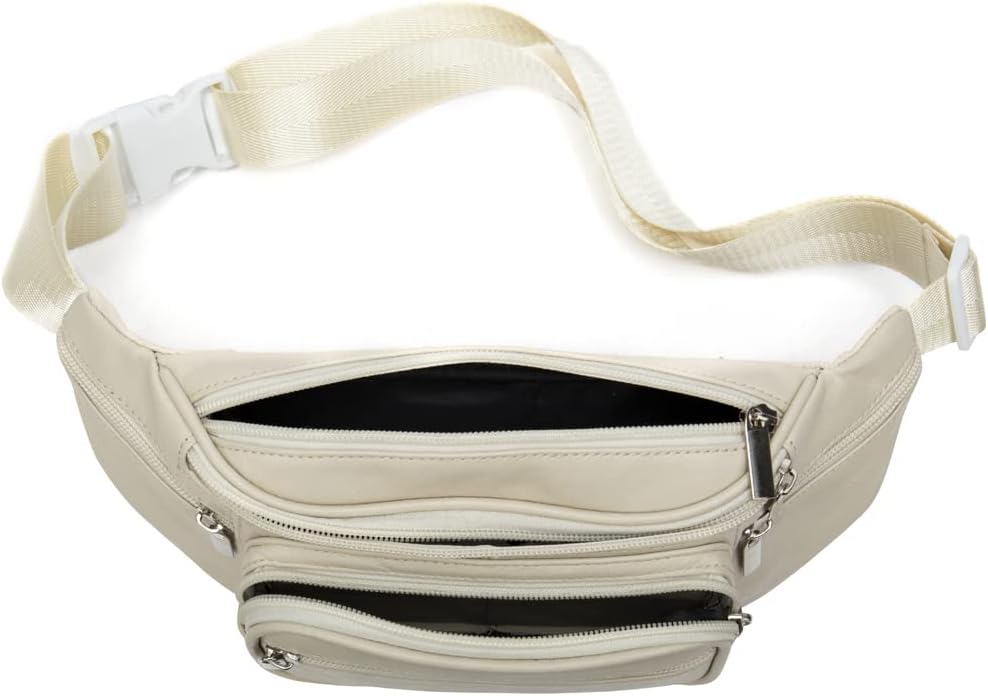 Leather Fanny Pack Waist Bag for Men Women Outdoor Travel Hiking Camping Walking Running Hip Bum Belt Slim Cell Phone Purse Wallet Pouch (Beige)