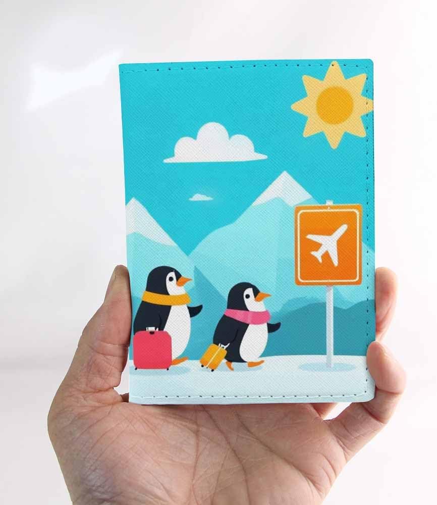 Penguin Passport Holder for Travel Penguin Family Happy Travel PU Leather Passport Cover Wallet Cute Passport Card Holder for Women and Men