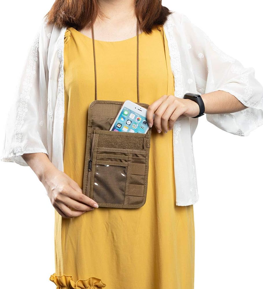 EXCELLENT ELITE SPANKER Passport Holder Neck Pouch RFID Blocking Travel Neck Wallet ID Card Organizer Pouch with Neck Lanyard(Coyote Brown)