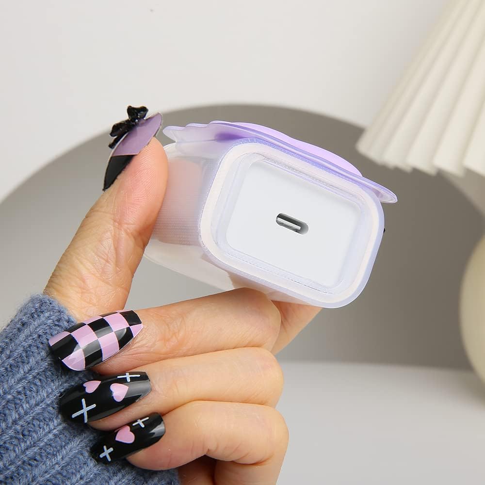 Compatible with iPhone 18W/20W USB-C Charger Cover Lovely 3D Love Heart Waves Clear Soft Charger Protector Cute Cable Saver for iPhone 11 12 13 14 Pro Max Fast Power Adapter, Purple 1 (5in1)