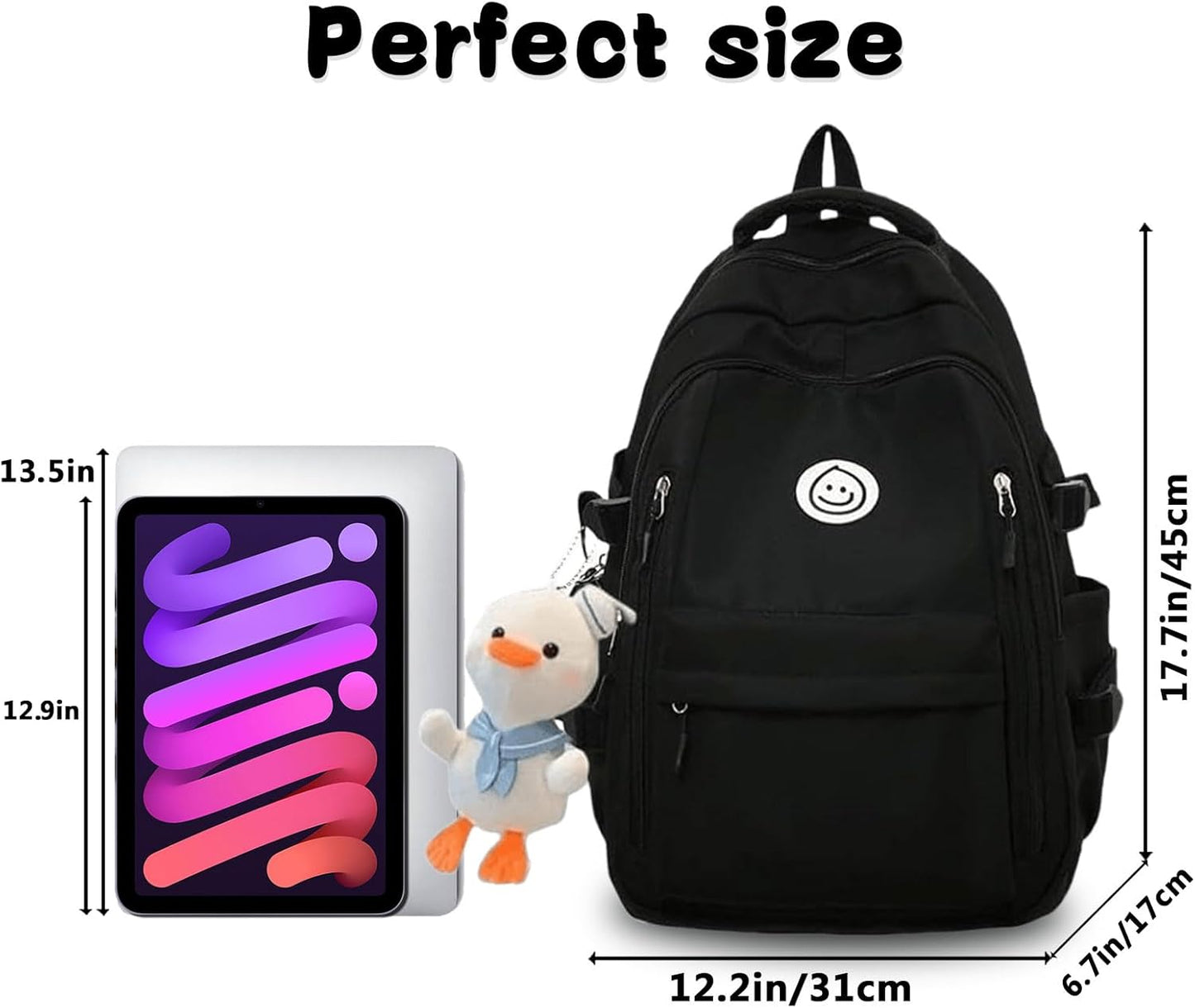 Teclado Kawaii Backpack with Cute Accessories Lightweight Bookbags Laptop Bag Waterproof Casual Travel Daypacks (Black)