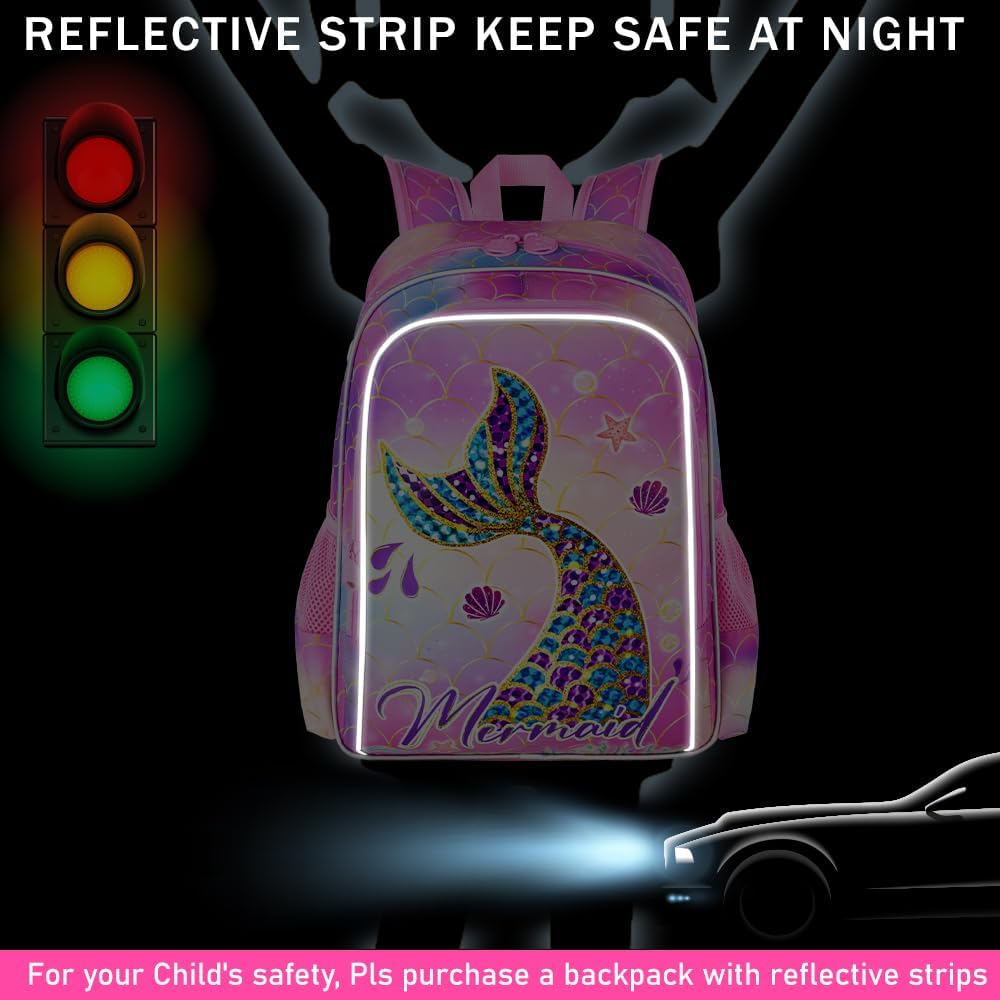 16" Mermaid Backpack for Girls, 3Pcs School Bookbag with Lunch Box, Kids Backpacks Set for Elementary Preschool Kindergarten(Pink)