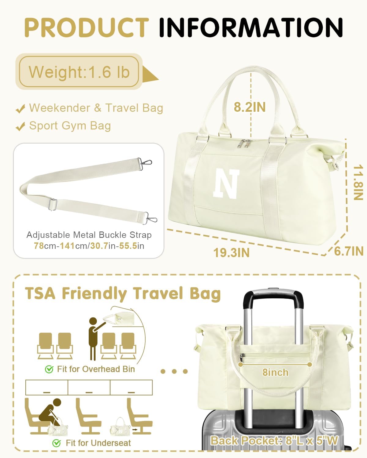 Initial Travel Duffel Bag Sports Gym Bag for Kids Teen Birthday Gifts,Beige Personalized Weekender