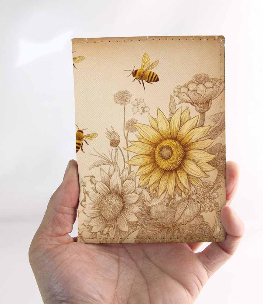 Honey Bees and Wildflowers Passport Holder for Travel Retro Abstract Sunflower Gardening PU Leather Passport Cover Wallet Cute Passport Card Holder for Women and Men