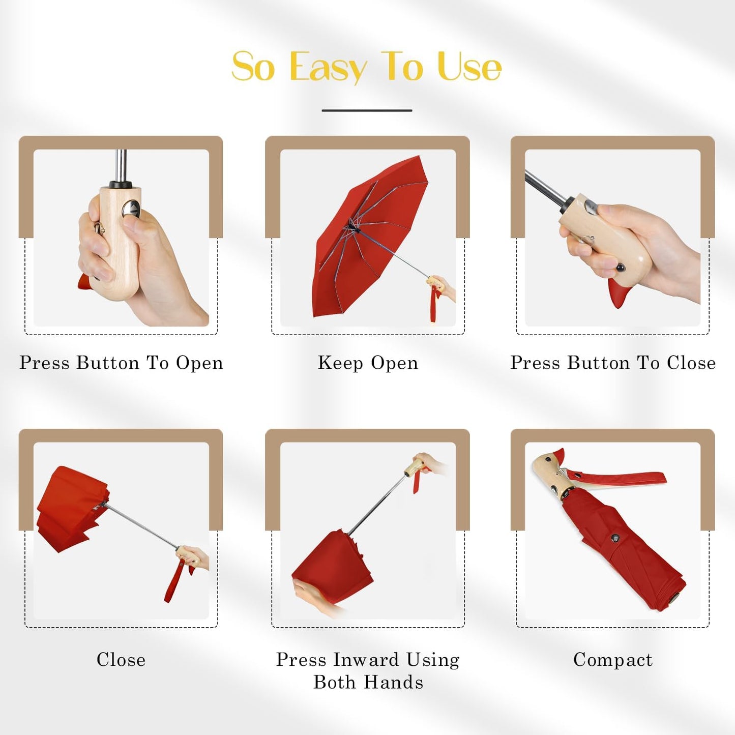 Cute Duck Umbrella Automatic - Compact Pretty Pocket Size Strong Duck Collapsible Umbrella Yellow Wooden Handle for Women