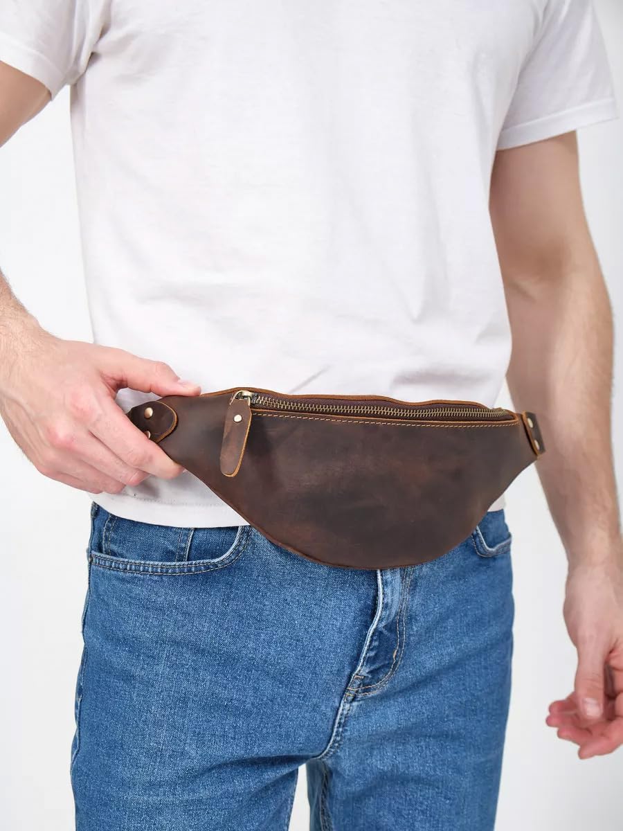 Vintage Genuine Leather Fanny Pack Small Waist Bag Travel Sling Pouch with Adjustable Leather Belt Coffee