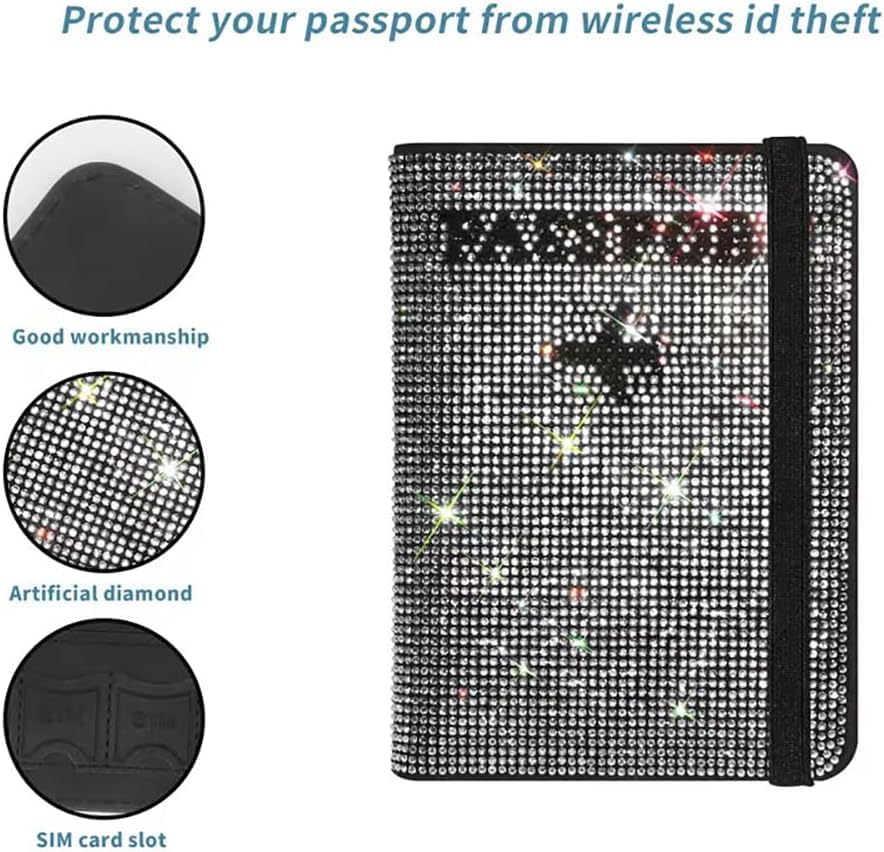Genuine Leather Wallet Passport Holder for Men and Women Travel Organizer with Bling Rhinestone Design Elegant and Stylish (Grey)