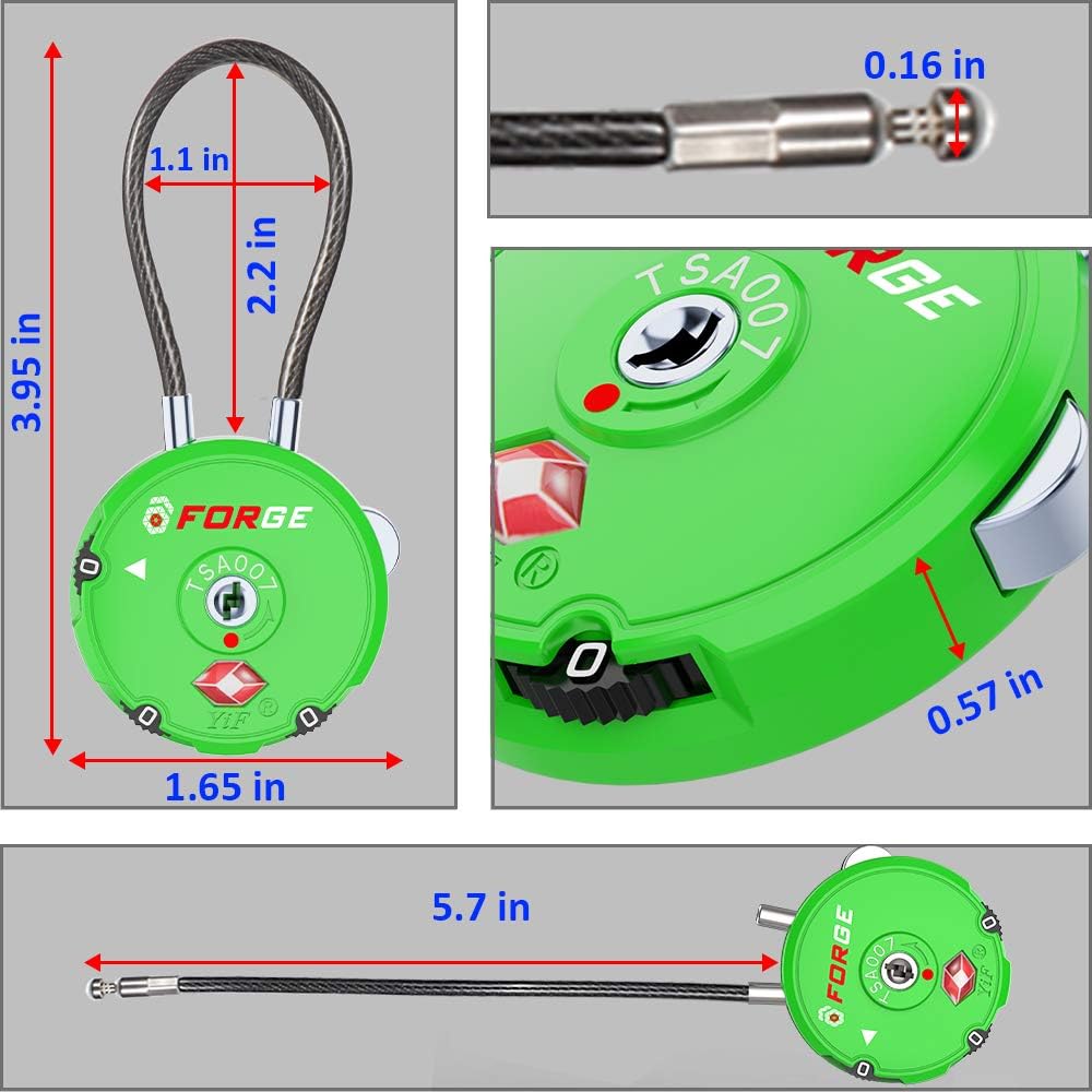 Forge Quality TSA Approved Luggage Locks for Travel Accessories, Suitcase, Pelican case, Ammo Boxes, Set Your own Combination, Zinc Alloy Body-Cable Green 2 Locks