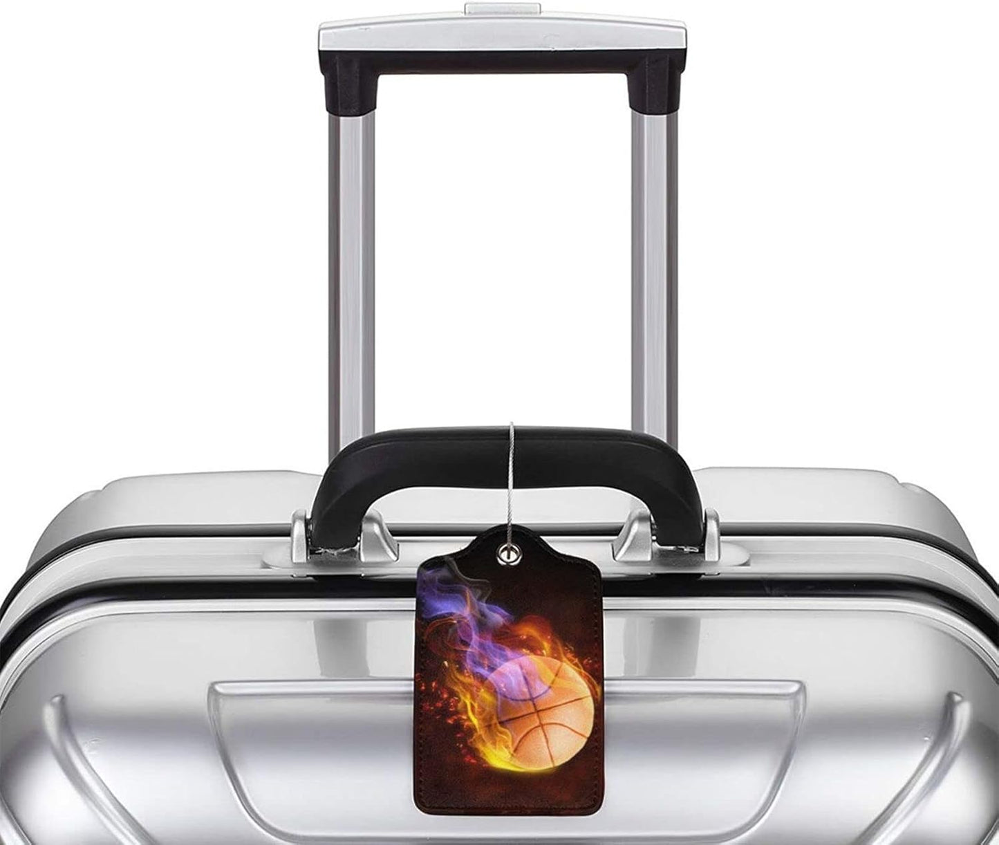 Set of 2 Sports Luggage Tags with Fire Basketball Pattern, Leather Suitcases Tag with Stainless Steel Ring for Backpack Baggage, Cool Travel Labels with Name ID Card Cover for Kids Teens Adults