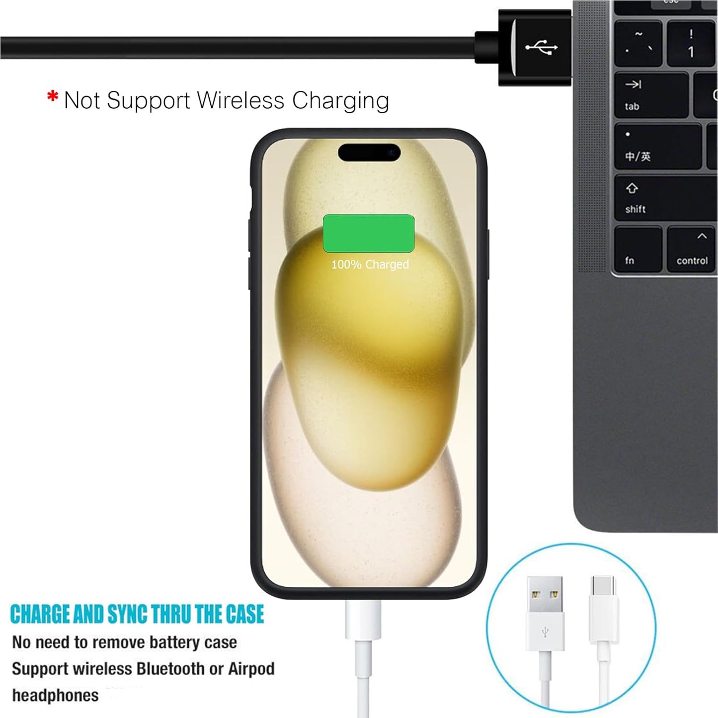 Battery Case for iPhone 15 Pro, Full Encircle 8000mAh Ultra-Slim Rechargeable Portable Charging Cover Extended Battery Pack Compatible with iPhone 15 Pro (6.1 inch) Charger Case Support Carplay-Black