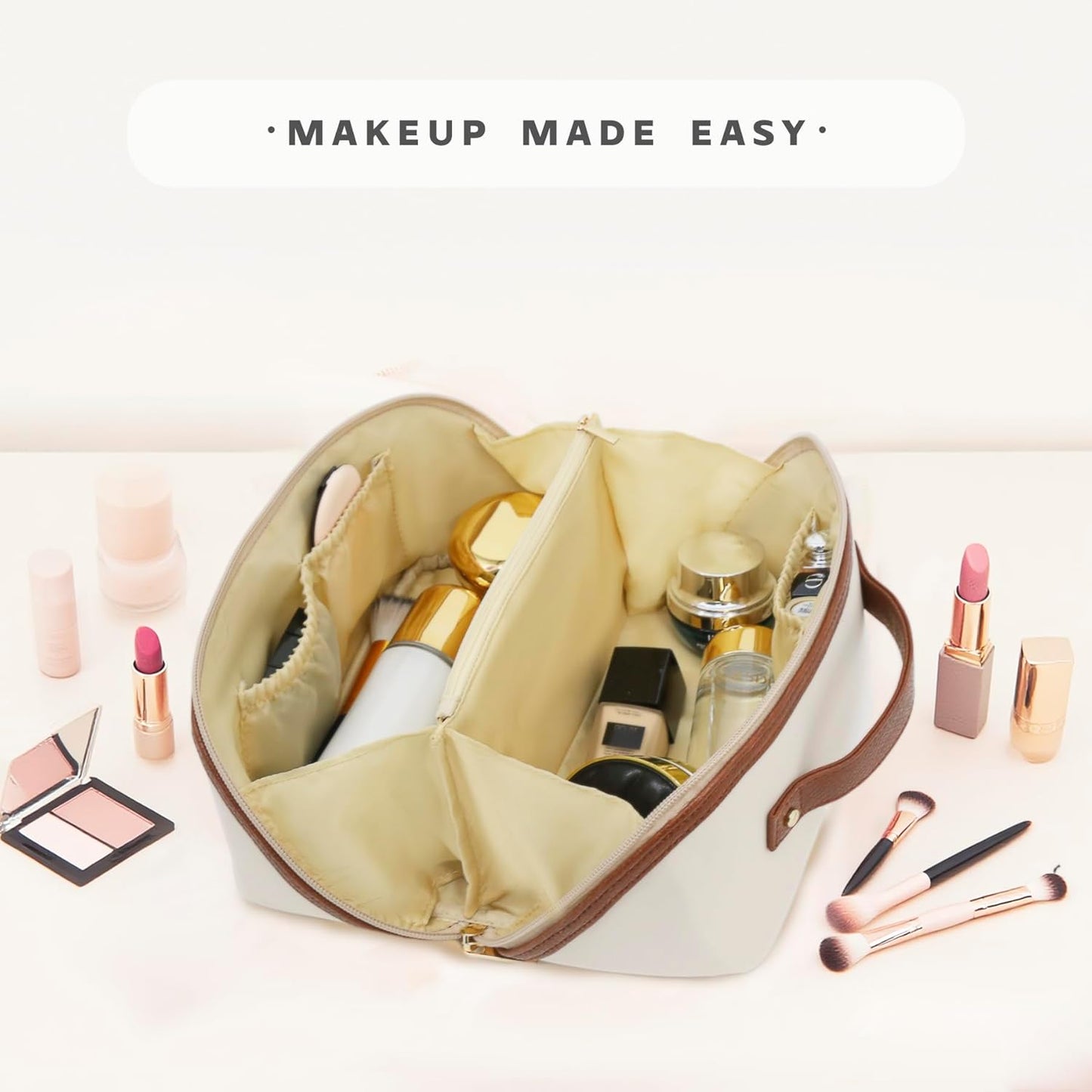 Travel Makeup Bag – Large Cosmetic Organizer with Waterproof Nylon, Smooth Double Zipper & Tear-Resistant Lining, Toiletry Pouch for Women (Beige)