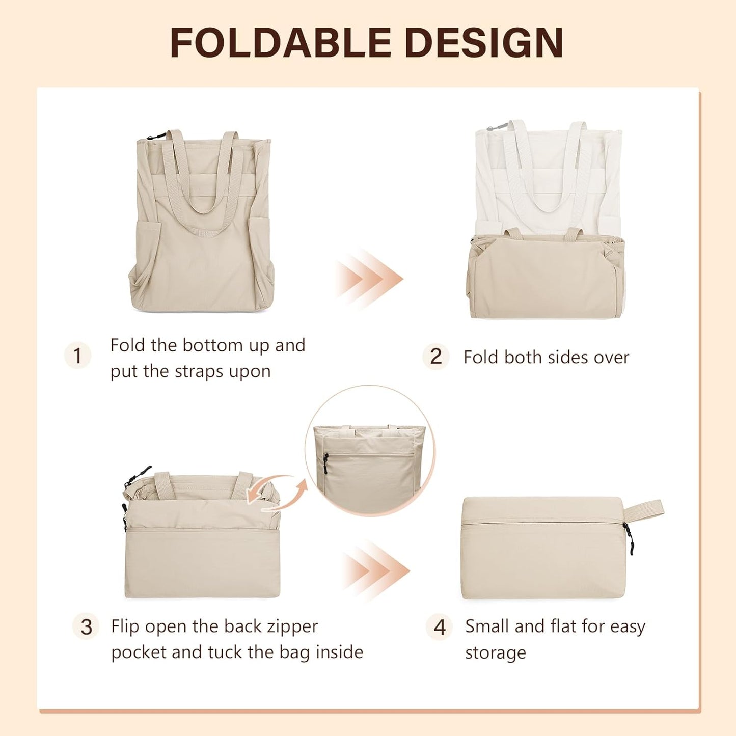 GOLF SUPAGS Foldaway Convertible Tote Backpack Lightweight Nylon Daypack for Women Men City Pack Versatile Backpack for Leisure Travel, Apricot