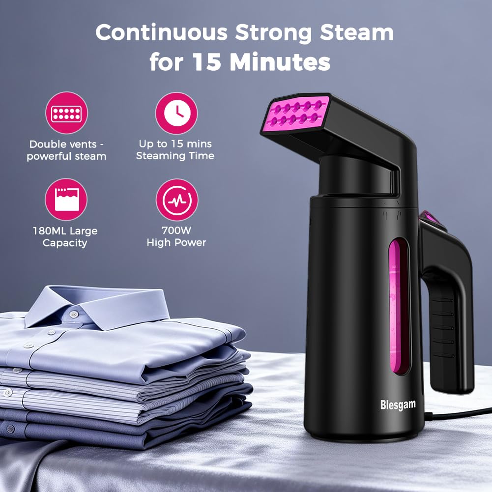 Blesgam Travel Steamer for Clothes, Dual-Row Steam Handheld Clothes Steamer