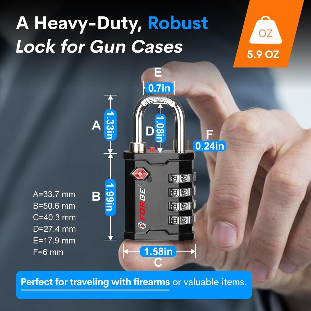 FORGE 4-Digit TSA Approved Travel Locks – TSA008 Key System, Key Duplication Impossible, Heavy-Duty Combination Padlock for Travel, Gym, Pelican Case. Black 3 Locks.