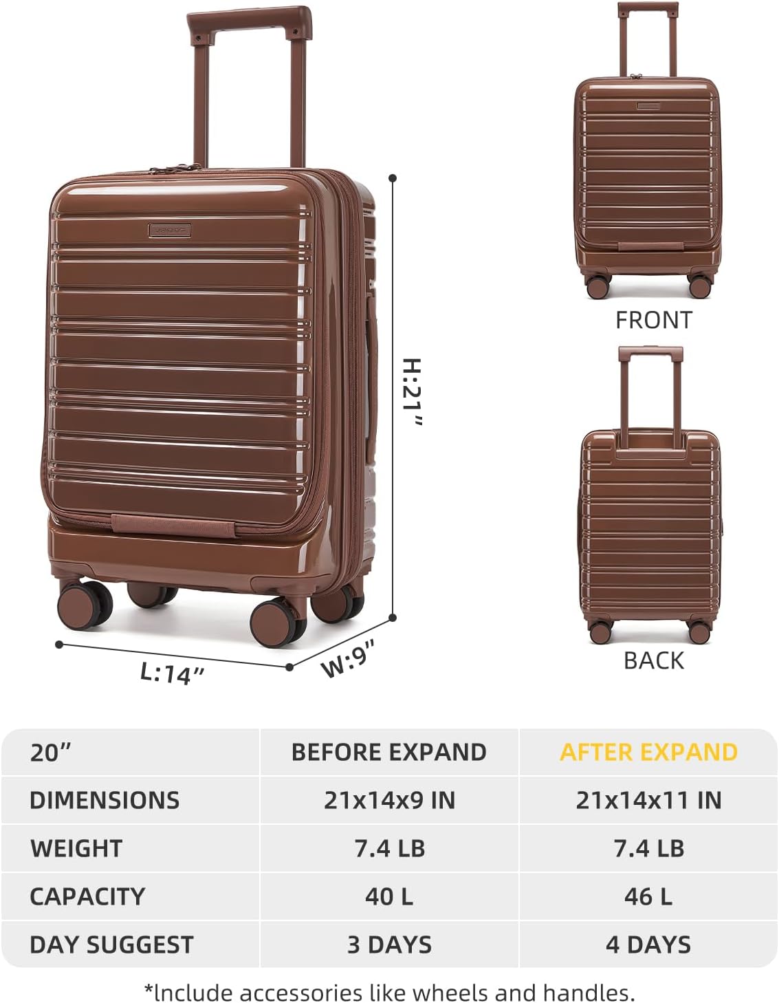 LARVENDER Carry On Luggage 22x14x9 Airline Approved, 20 Inch Expandable PC+ABS Hardside Carry On Luggage with Front Pocket Spinner Wheels TSA Lock for Women Men (Mocha)