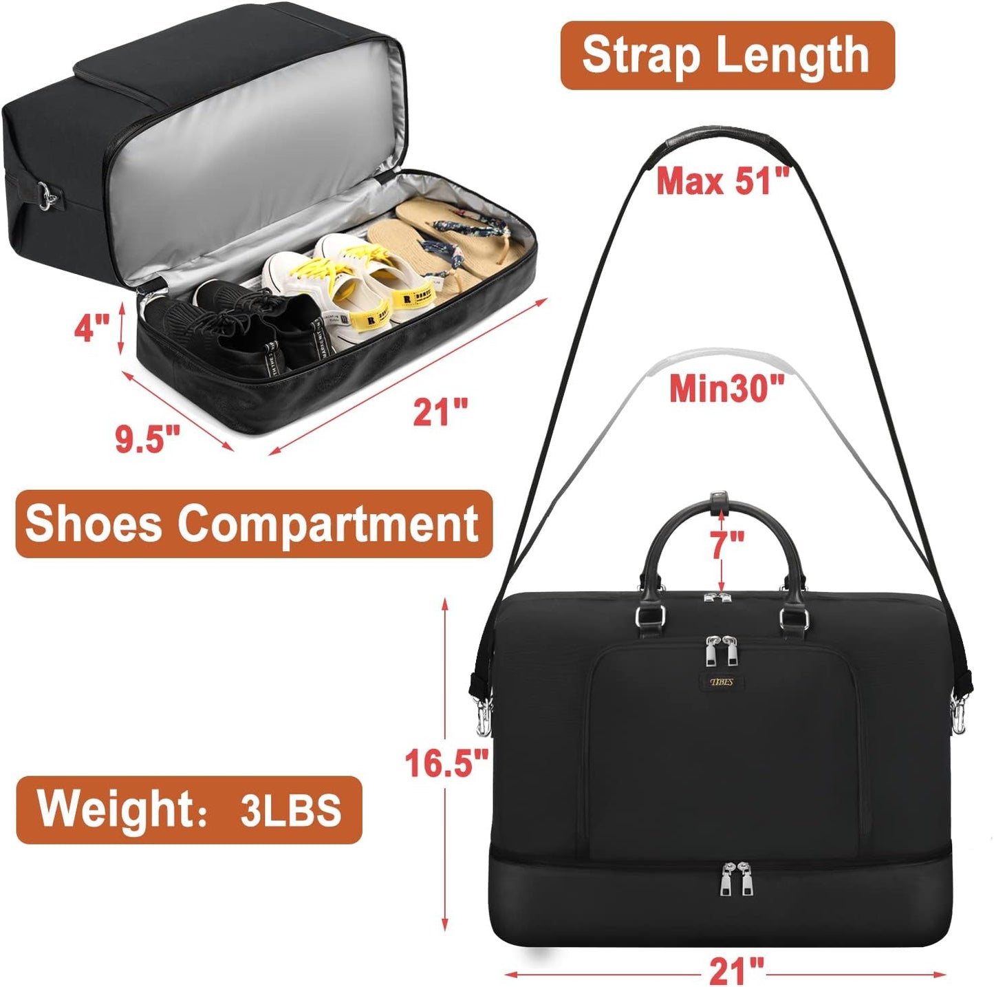 Travel Weekender Bag for Women, Overnight Bag with Shoe Compartment Oversized Travel Duffel Bag Carry On Tote 21"