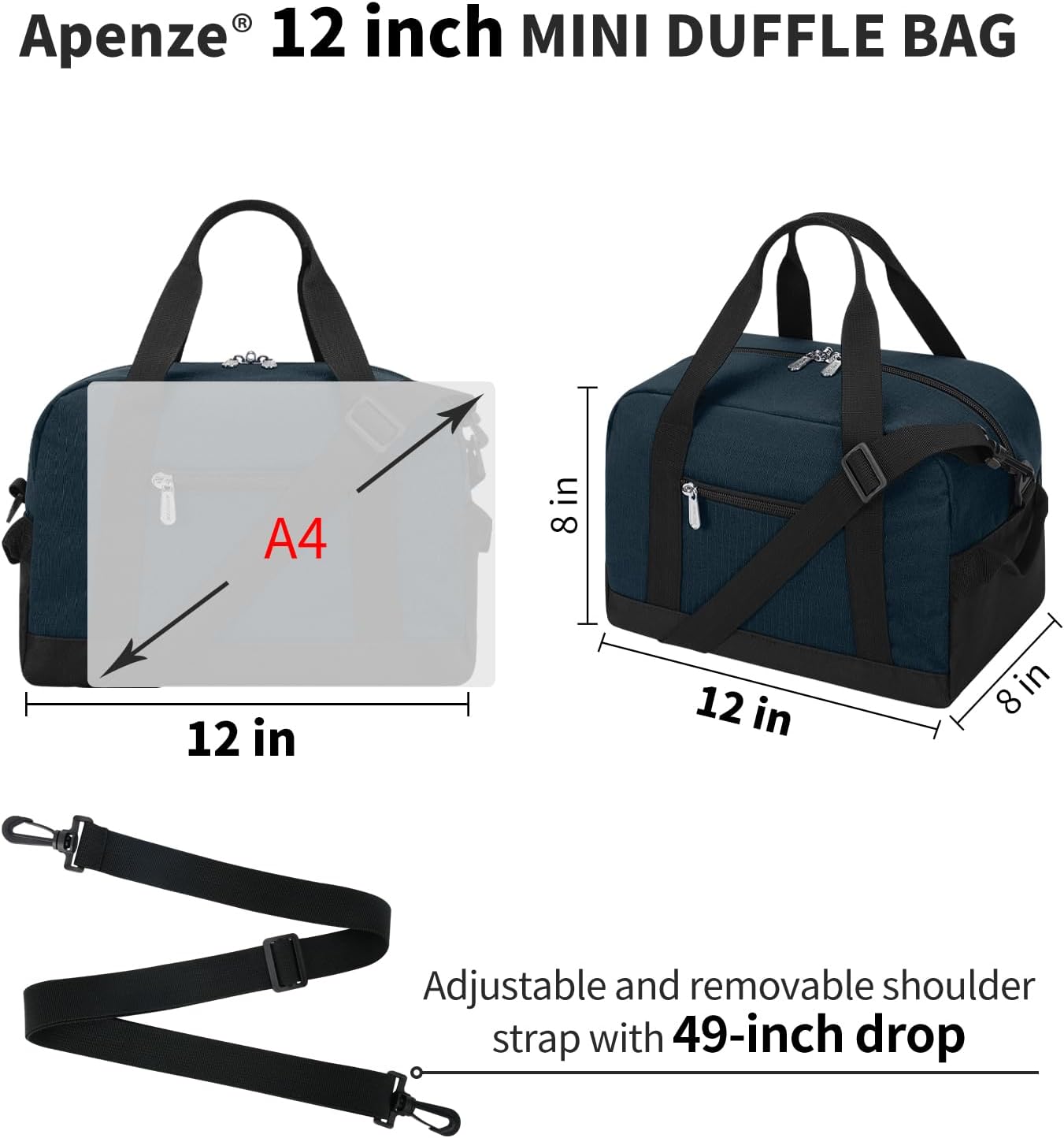 Small Gym Bag Carry On Bag - 12 in Mini Duffle Bag Lightweight for Overnight Travel(Navy Blue)