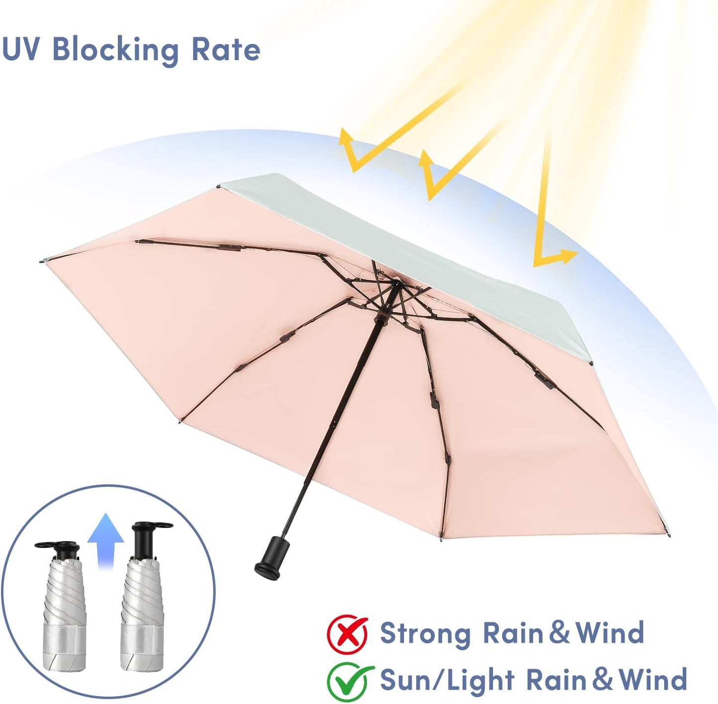 LEAGERA UPF 50+ Mini Umbrella for Travel - Compact Folding Sun Umbrella for Walking Summer Lightweight Purse Small Umbrellas for Women Girls
