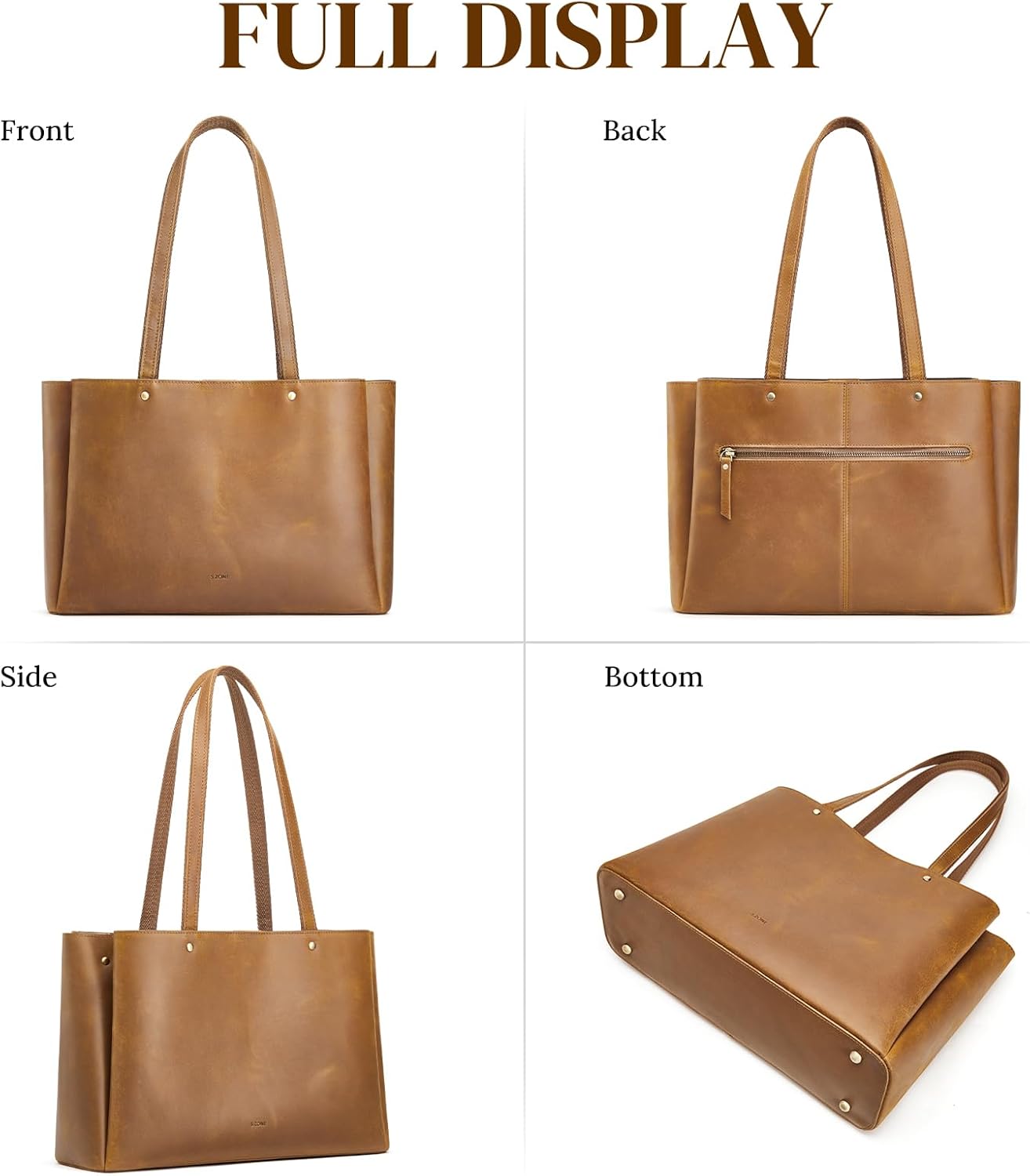 S-ZONE Genuine Leather Tote Bag for Women Work Large Shoulder Handbag with Zipper Compartment for Travel Professional
