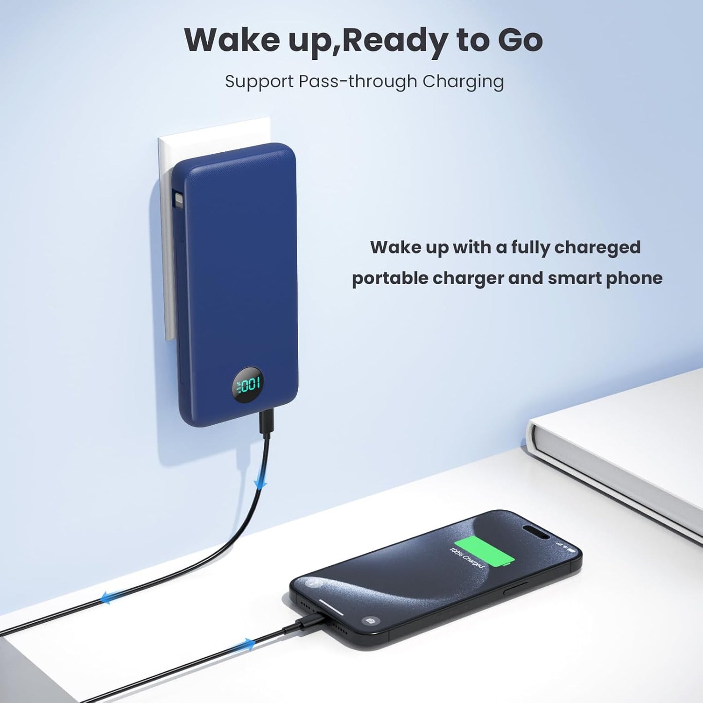 Portable Charger 13800mAh Slim USB C Power Bank with Built in Cables and Wall Plug,LCD Display Lightweight Travel Battery Pack,PD Fast Charging Compatible with iPhone 17,16,Samsung Android-Navy