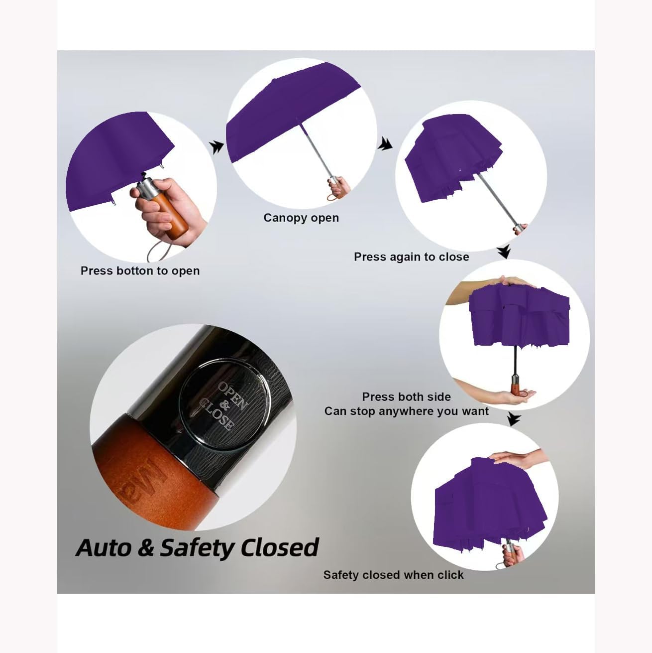 Umbrellas for Rain, Heavy-Duty Windproof Travel Umbrella — Auto Open/Close, Vented Triple-Layer Canopy, 10 Fiberglass Ribs, Folding Design, Large Coverage, Wooden Handle