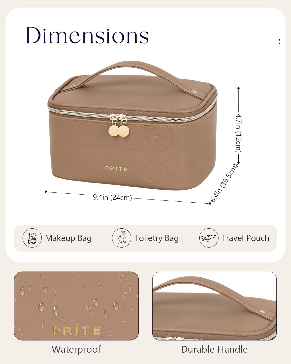Prite Makeup Bag Portable Cosmetic Organizer with Brush Holder Waterproof Travel Toiletry Bag for Women with Handle and Divider (Brown)