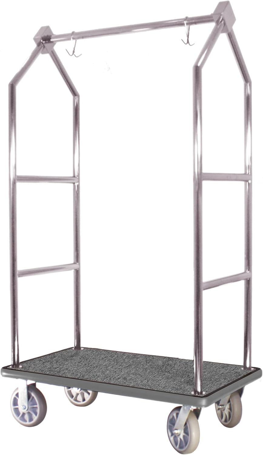 Modern Bellhop Cart – Stainless Steel Luggage Cart w/Wheels, Grey Carpeted Deck, Rubber Wheels – Compact Carrier for Hotel, Airport, Resort, Condo, Events – 800 LB