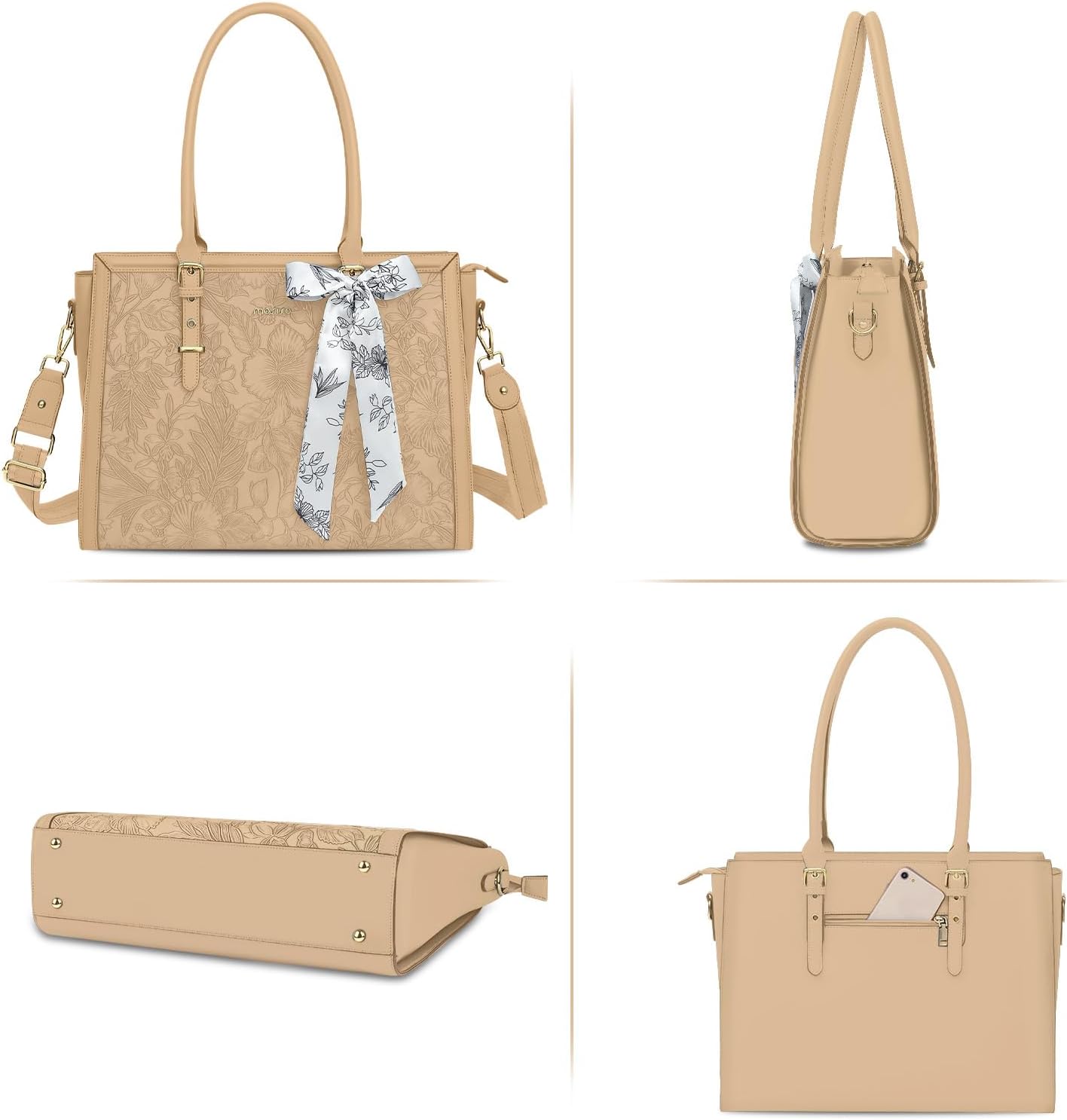 MOSISO Laptop Bag for Women, PU Leather Tote Bag, Front Embossed Retro Hibiscus Computer Bags with Silk Scarf&Clutch Purse