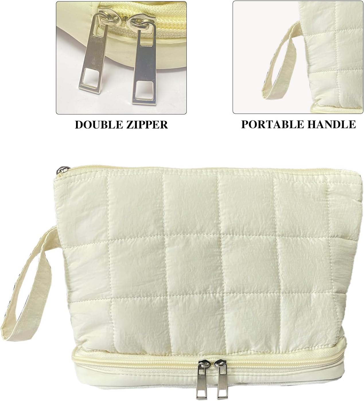 White Puffy Puffer Makeup Bag for Purse Small Makeup Pouch Quilted Cosmetic Bag Cute Cotton Toiletry Pouch Bag for Women
