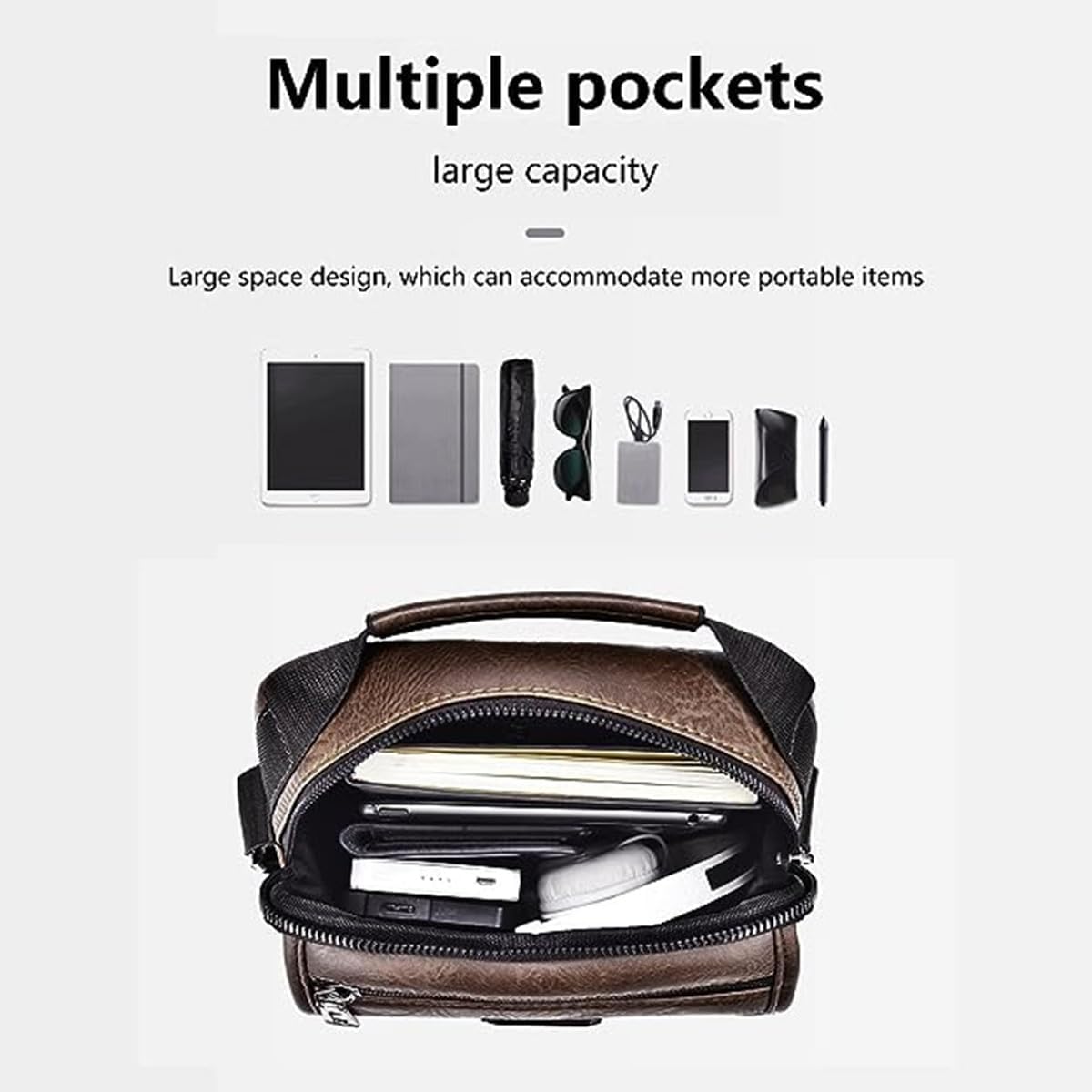 Zipper Buckle Leather Messenger Bag Vintage Handle Shoulder Crossbody Purse Genuine Leather for Daily Office Use