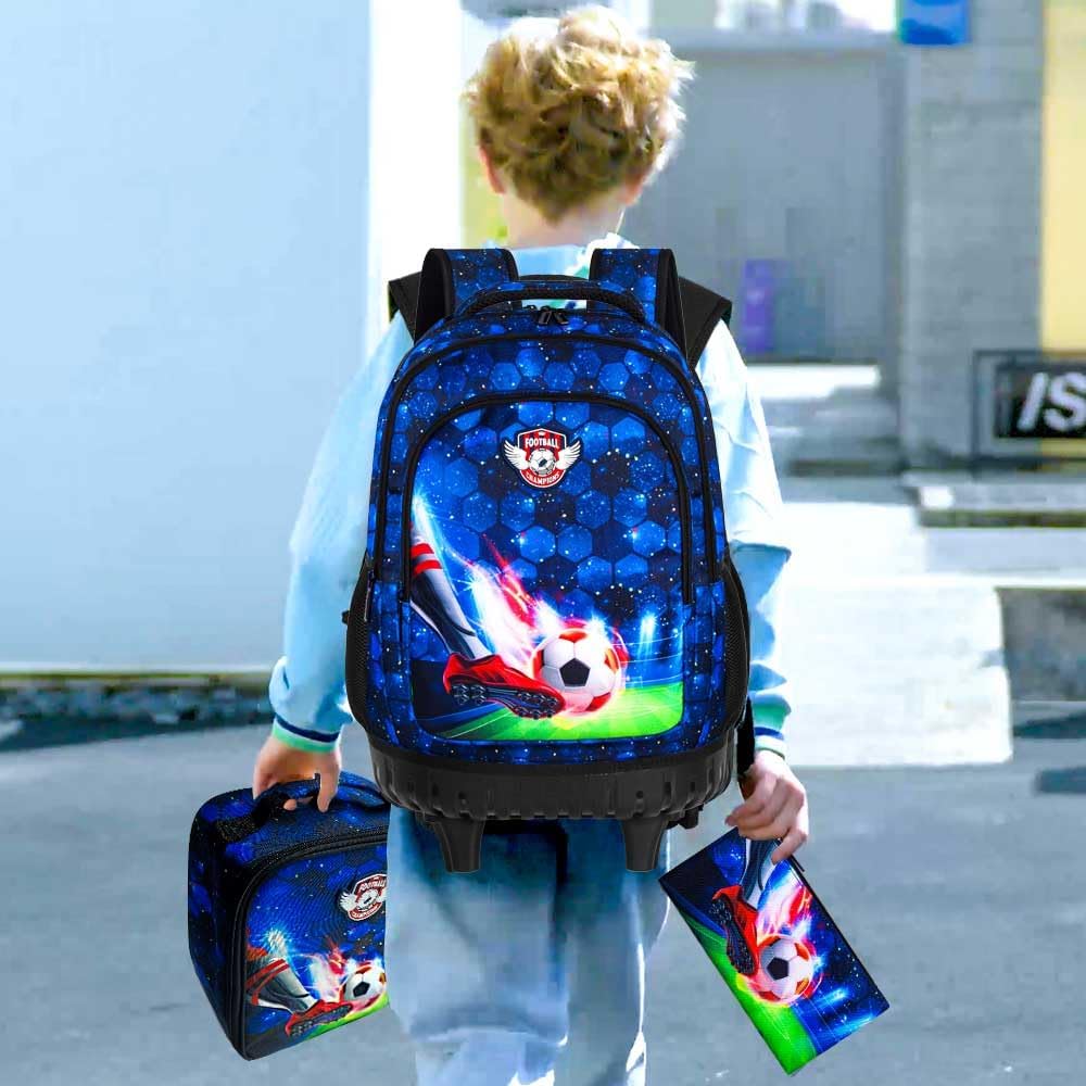 WZLVO 3PCS Rolling Backpack for Boys, 21 Inch Dinosaur Roller School Bookbag with Lunch Bag, Water Resistant Wheeled Backpacks for Teens Boys Elementary Travel