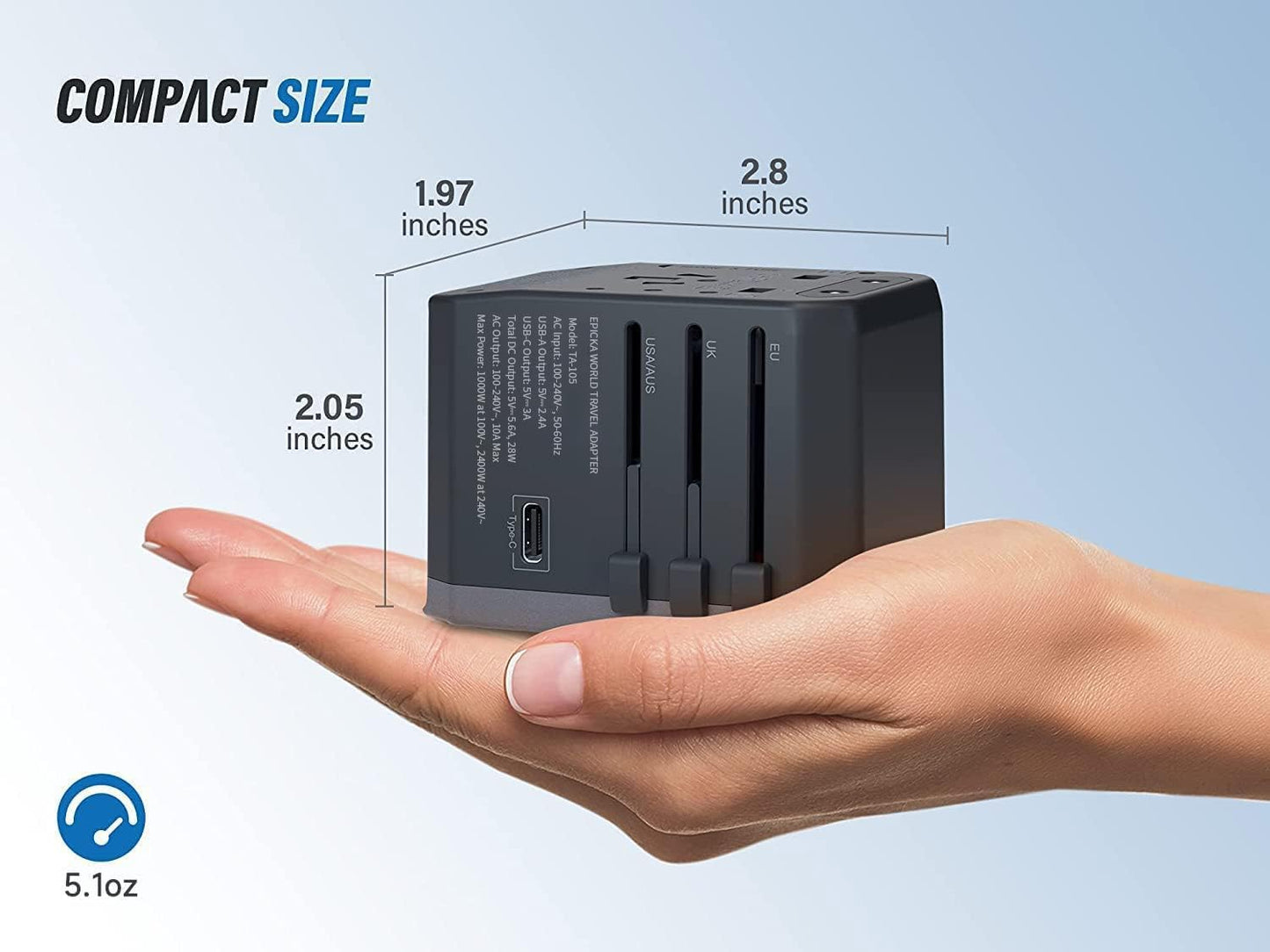 EPICKA Universal Travel Adapter with 1AC/1 USB-C/4 USB-A Ports