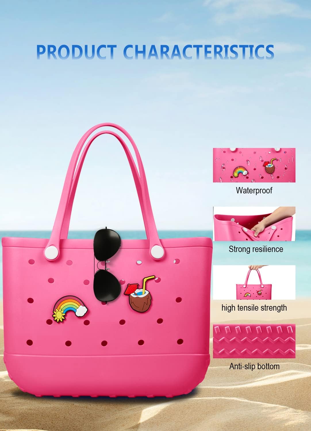 Beach Bag Rubber Tote Bag - Waterproof Travel Bag for Women Washable Tote Bag Handbag for Sports Beach Market Pool