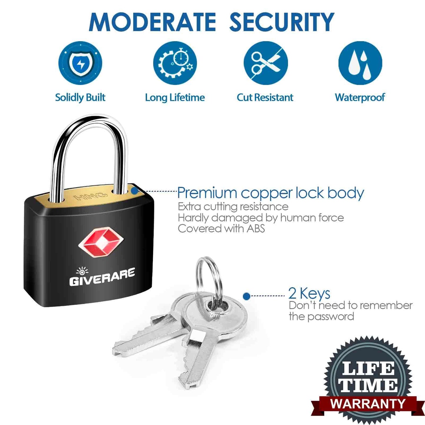 4 Pack TSA Approved Travel Luggage Locks with Keys, Solid Brass Copper Keyed Padlock, ABS Plastic