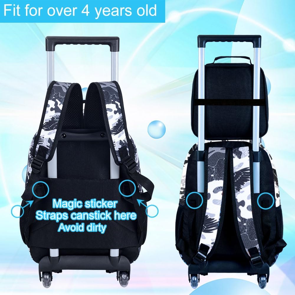 3PCS Shark Rolling Backpack for Boys, Roller School Backpack with Wheels, Kids Wheeled Bookbag for Elementary Preschool Kindergarten(Black)