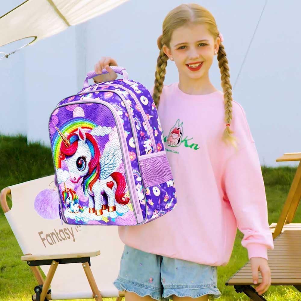 UFNDC 3PCS Unicorn Backpack for Girls, 16”Kids Sequin Bookbag with Lunch Box, Water Resistant