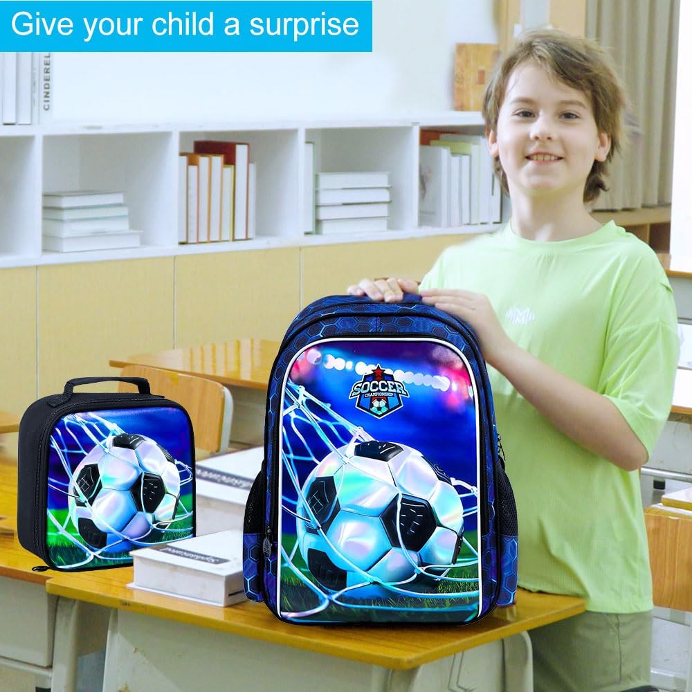 gxtvo 3PCS Soccer Backpack for Boys, 16" Kids Football Bookbag with Lunch Box, Water Resistant Elementary Preschool Toddler School Bag